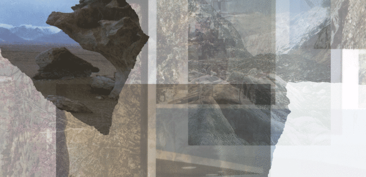 A collage of overlapping landscapes such as forests, fields, and snowy mountains