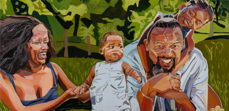 A figurative painting of a family of four in front of abstract green trees and grass landscape. On the left a woman looks and holds the arm of a small child in blue in the centre foreground. On the right man with a beard also in matching blue facing forward leans on his elbows on the ground with another child leaning over his shoulder and back with arms wrapped around his neck.